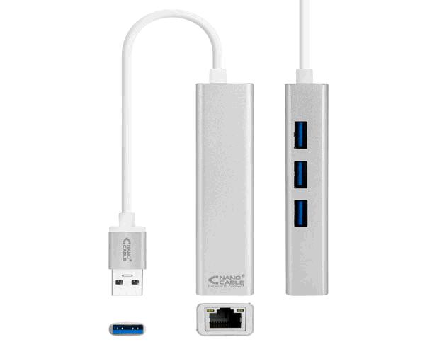 Conversor Usb 3.0 A Ethernet Gigabit + 3xusb 3.0, Plata, 15 Cm / 10.03.0403